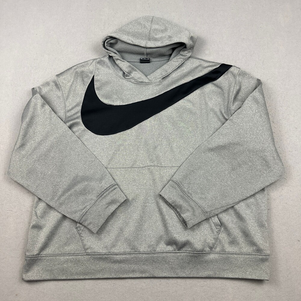 Nike Hoodie Men 2XL Gray Pullover Big Swoosh Sweatshirt Basketball Dri Fit XXL